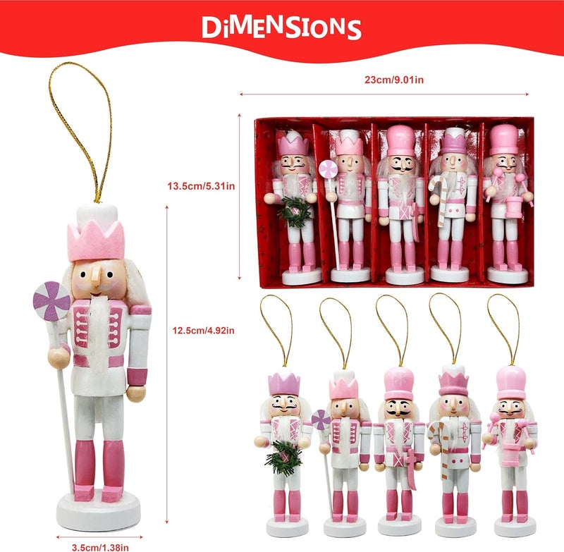 MicoSim Mini Nutcrackers Figures Wooden Christmas Decor, Hanging Nutcracker Ornaments for Xmas Tree, Wood Nut-Crackers Christmas Decorations for Festival Party (Pink, 5PCS) - Image 2
